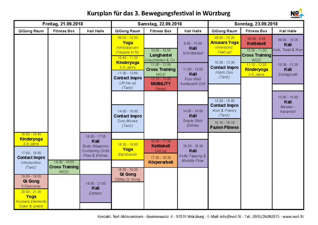 Vier Lehrer, über 30 Workshops, Kampf, Tanz, Yoga, uvm